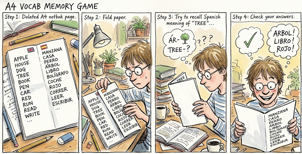 The illustration uses Spanish translations; use whichever language helps you remember.