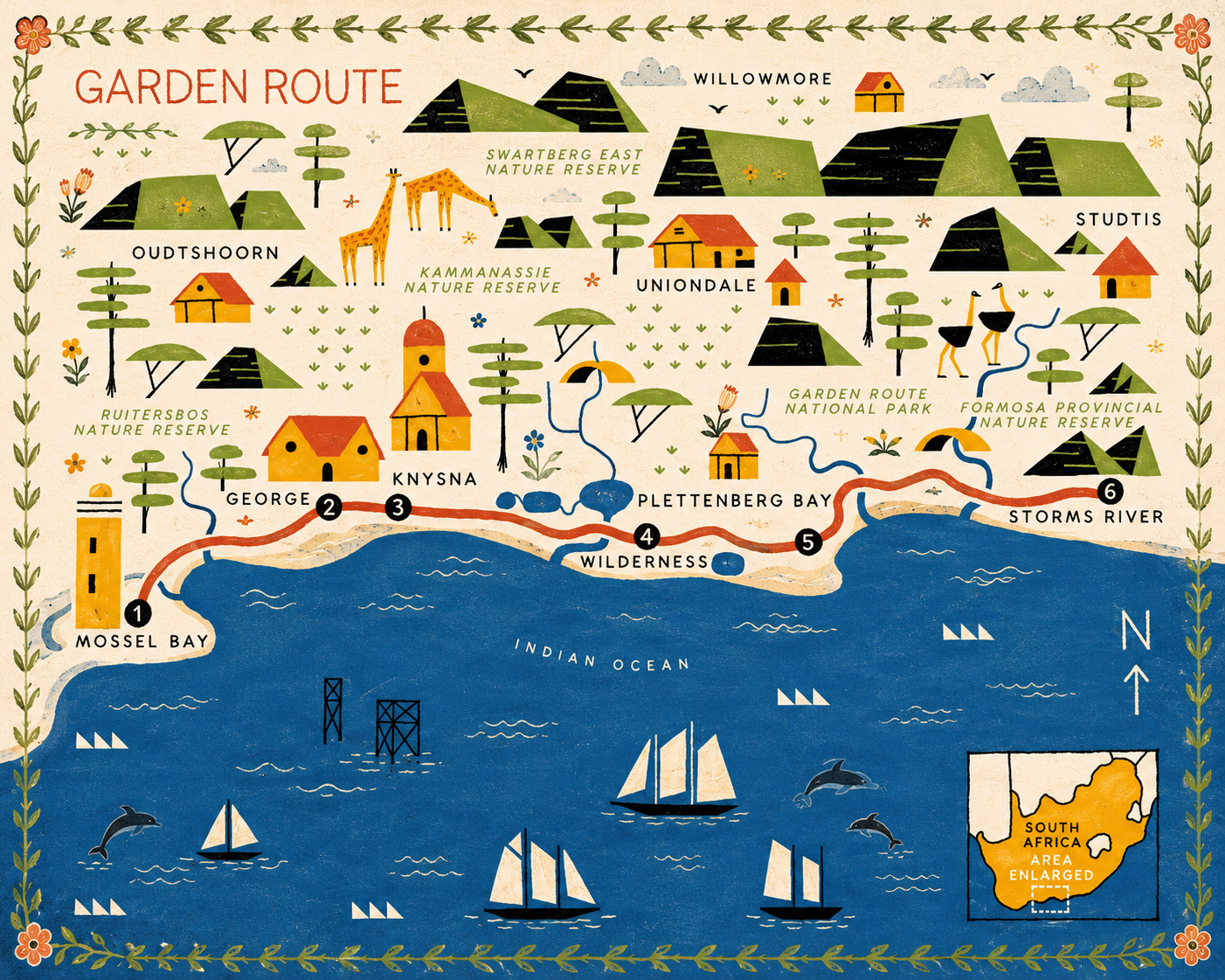 Illustrated map of South Africa’s Garden Route